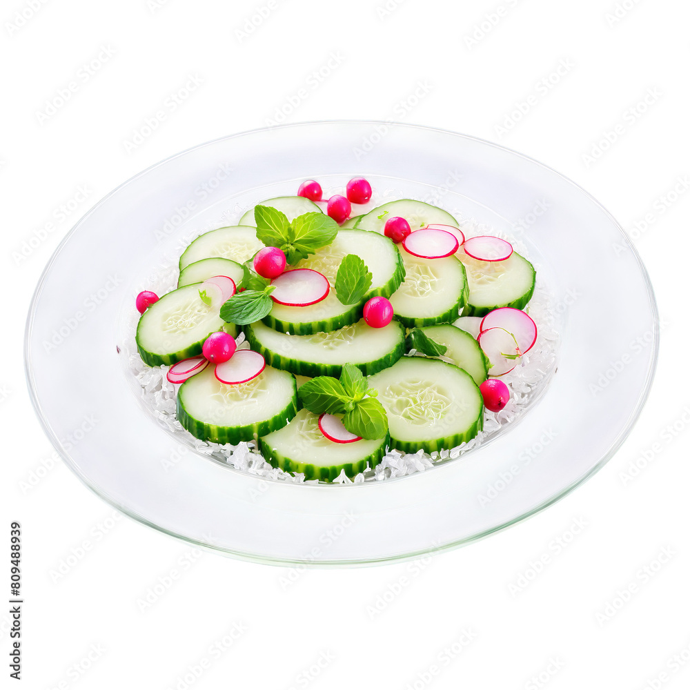 Cucumber and radish salad with thinly sliced cucumber radishes and fresh mint tossed in a Cucumber and radish salad with thinly sliced cucumber radishes and fresh mint tossed in a