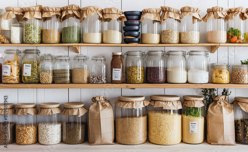 Zero-waste grocery shopping with reusable containers and bags.