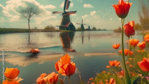 video the view of fresh tulips blooming and the view of the windmills is like a Dutch fairy tale