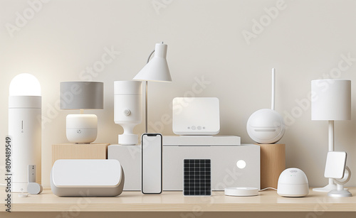 Product display for energy-efficient tech gadgets, such as LED lamps, smart thermostats, or solar-powered chargers. 