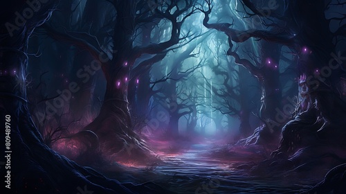 Image of a spectral haunted forest, where ancient trees loom like silent sentinels photo