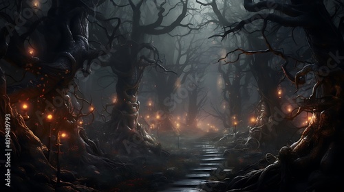 Image of a spectral haunted forest  where ancient trees loom like silent sentinels