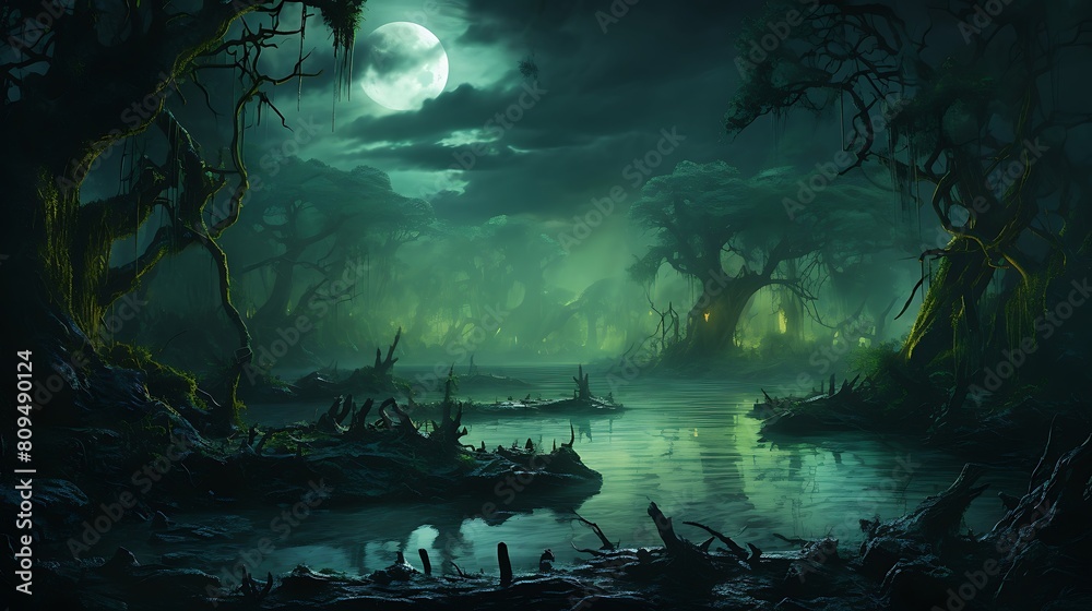 Image of a spectral moonlit swamp, where wisps of fog dance above dark waters, and twisted trees cast eerie shadows beneath the glow of the full moon.