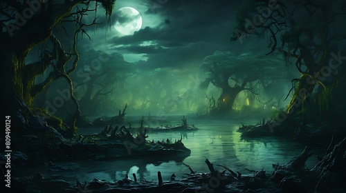 Image of a spectral moonlit swamp, where wisps of fog dance above dark waters, and twisted trees cast eerie shadows beneath the glow of the full moon. photo