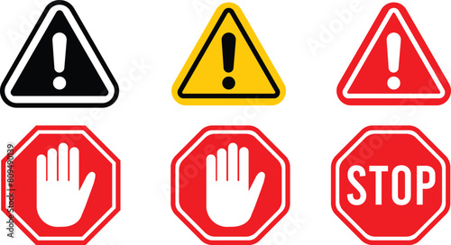 Caution warning and stop signs set. Exclamation marks, Danger warning icon set. alert triangle warn sign in black, yellow, and red color. exclamation sign