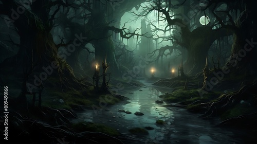 Image of a spectral moonlit swamp  where wisps of fog dance above dark waters  and twisted trees cast eerie shadows beneath the glow of the full moon.