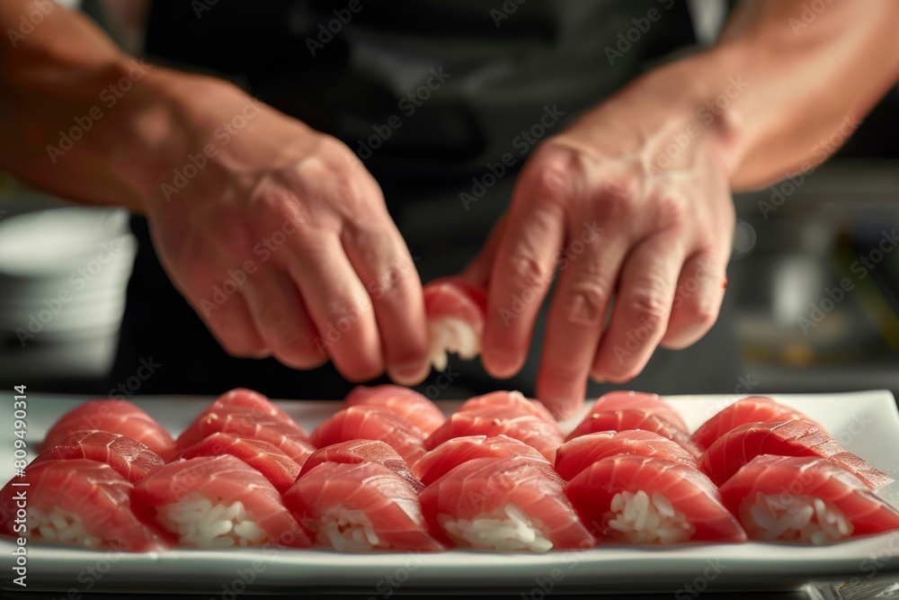 Master chef skillfully arranging fresh tuna nigiri on a serving platter, exemplifying precision and attention to detail in sushi craftsmanship.