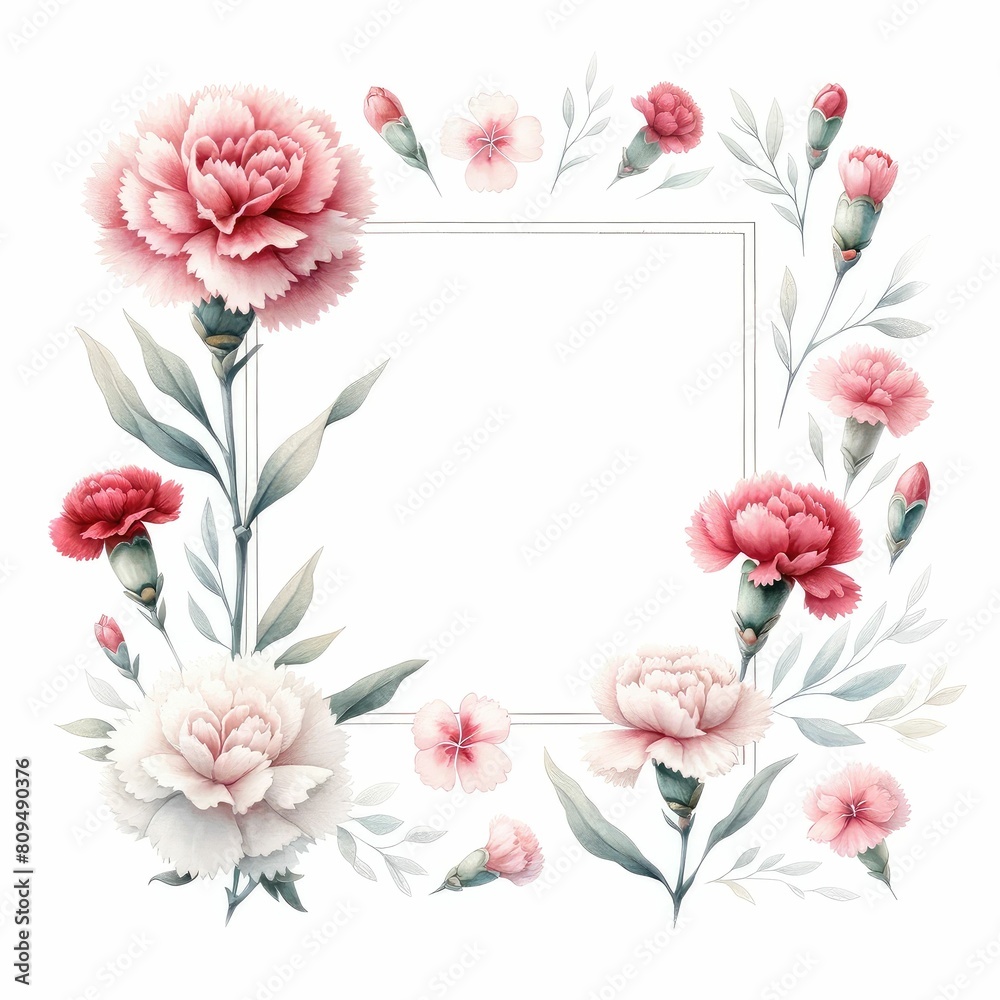 carnation themed frame or border for photos and text. watercolor illustration, Perfect for nursery art, simple clipart, single object, white color background. Mother's day greeting card. carnation themed frame or border for photos and text. watercolor illustration, Perfect for nursery art, simple clipart, single object, white color background. Mother's day greeting card.