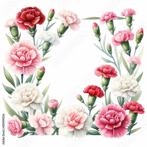 carnation themed frame or border for photos and text. watercolor illustration, Perfect for nursery art, simple clipart, single object, white color background. Mother's day greeting card. © JR BEE