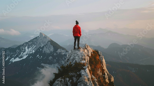 Men wearing red jacket on top of mountain.