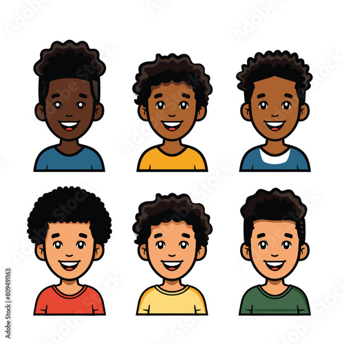 Six diverse young male cartoon characters, smiling faces, casual clothing, colorful shirts, different hairstyles. Animated boys avatar set, cheerful expressions, African ethnicity, friendly