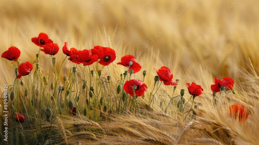 Naklejka premium Red poppies contrasted against a yellow wheat field