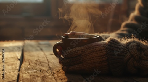 The close up picture of the person is holding the cup of the coffee by their own hand that has been rest on the table made from wood in the cozy warm feel inside the room for the relaxation. AIG43.