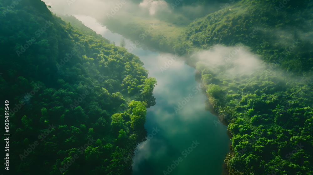 Aerial view of a misty river valley surrounded by dense green forests, with the morning mist rising above the tranquil water, creating a serene and mysterious atmosphere