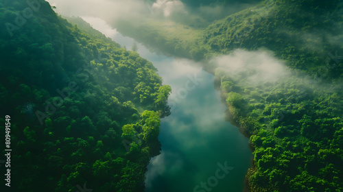 Aerial view of a misty river valley surrounded by dense green forests  with the morning mist rising above the tranquil water  creating a serene and mysterious atmosphere