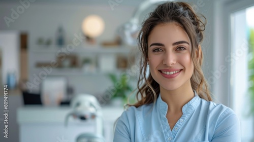 Beautiful Female Dentist Smiling in Blue Professional Attire  Standing in a Modern Dental Office with Minimalistic Light-Colored Interior and White Walls  Symbolizing Friendly Dental Care