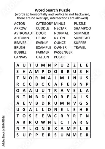 Word search puzzle (general knowledge, family friendly, words ACTOR - TRAVEl). Answer included.
