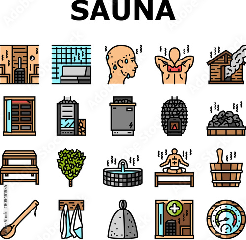 sauna bath spa relax steam room icons set vector. wellness towel, woman hot, beauty shower, wooden aromatherapy, care hygiene sauna bath spa relax steam room color line illustrations