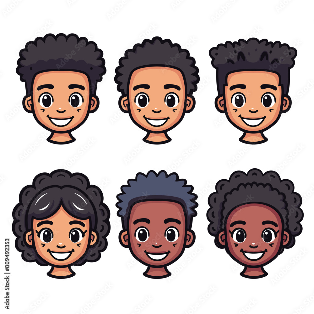 Six cartoon faces, three male, three female, smiling, friendly expressions, African ethnicity, diverse hairstyles. Kids avatars, playful, vibrant colors, curly hair cheerful digital illustration Six cartoon faces, three male, three female, smiling, friendly expressions, African ethnicity, diverse hairstyles. Kids avatars, playful, vibrant colors, curly hair cheerful digital illustration