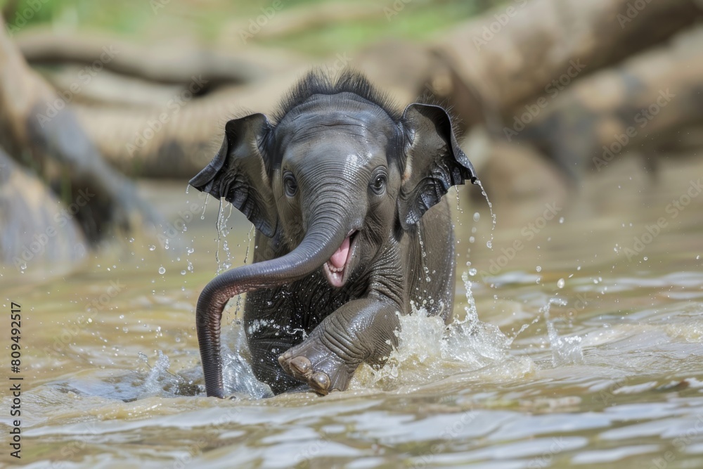 Fototapeta premium Elephant calf playfully splashing