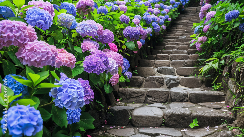 満開の紫陽花と日本の風景