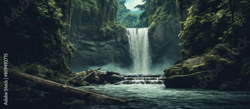 a waterfall with a river full of rocks in a lush forest photo