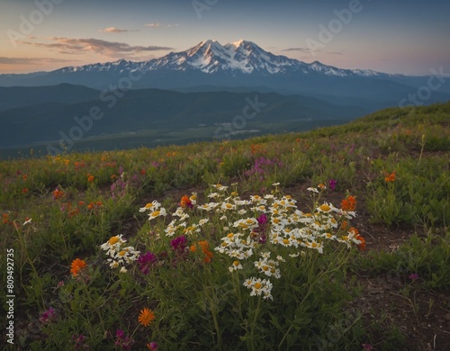 A wildflower bouquet outline with a distant mountain range. 
