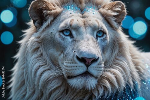 A White Lion Captured in Blue Iridescent Hues  Dark Romantic Style  Close-Up Shots  Featuring Glitter  Bokeh  and a Clean  Minimalist Aesthetic
