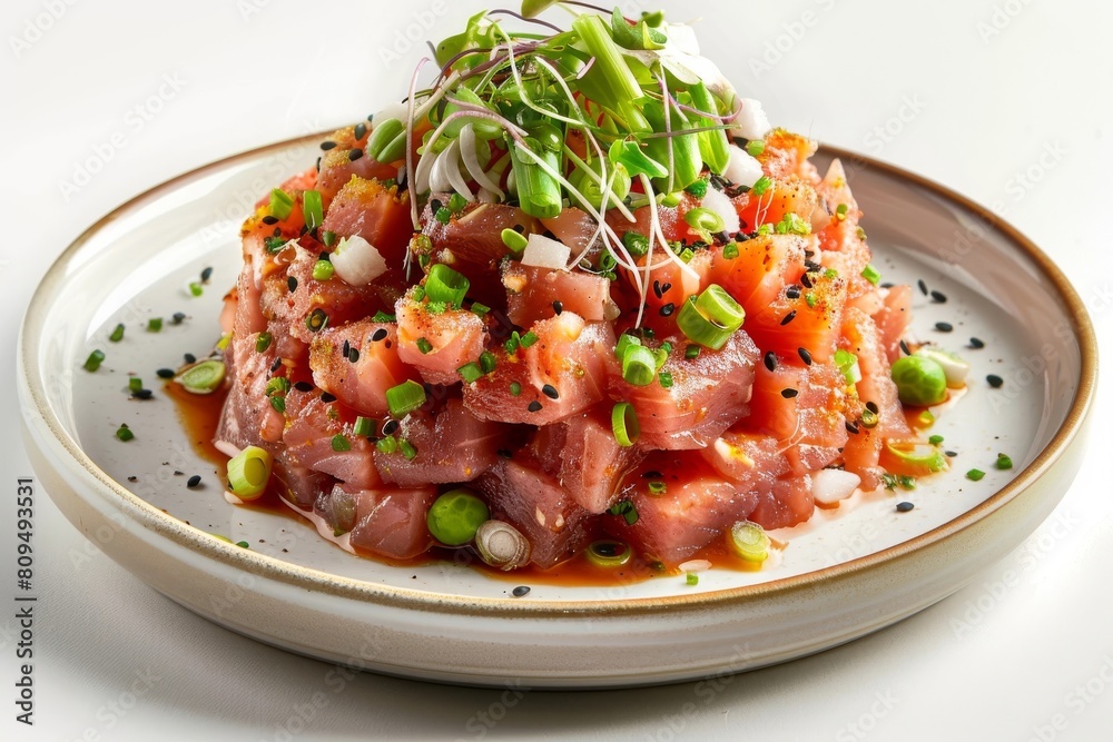 Ahi Poke on White Plate with Taro Chips and Chives Ahi Poke on White Plate with Taro Chips and Chives