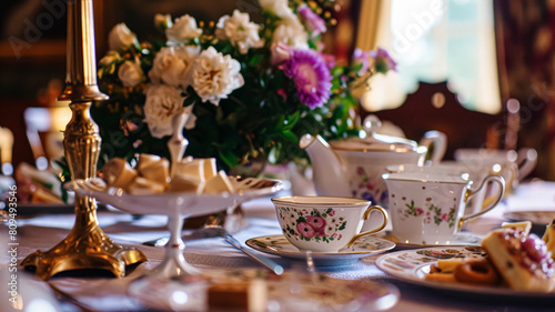 Elegant table setting for tea party with cakes and cupcakes in English manor. Vintage style.