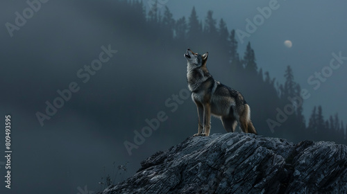 A solitary wolf's silhouette against the backdrop of the rising moon
