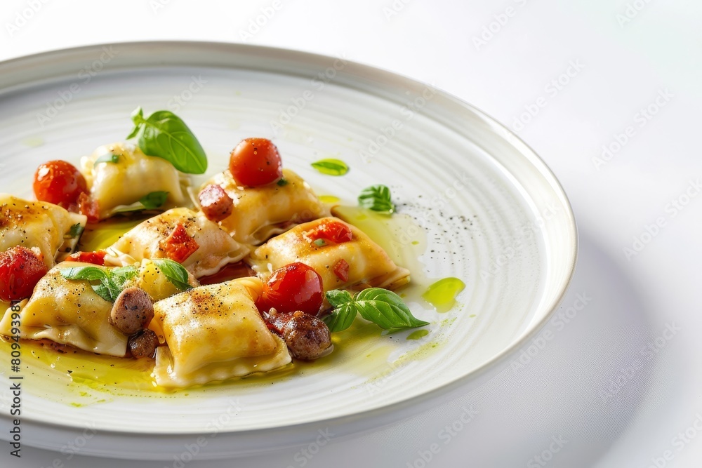 Delicious Agnolotti with Sausage and Ricotta Filling and Burst Cherry Tomato & Pancetta Sauce