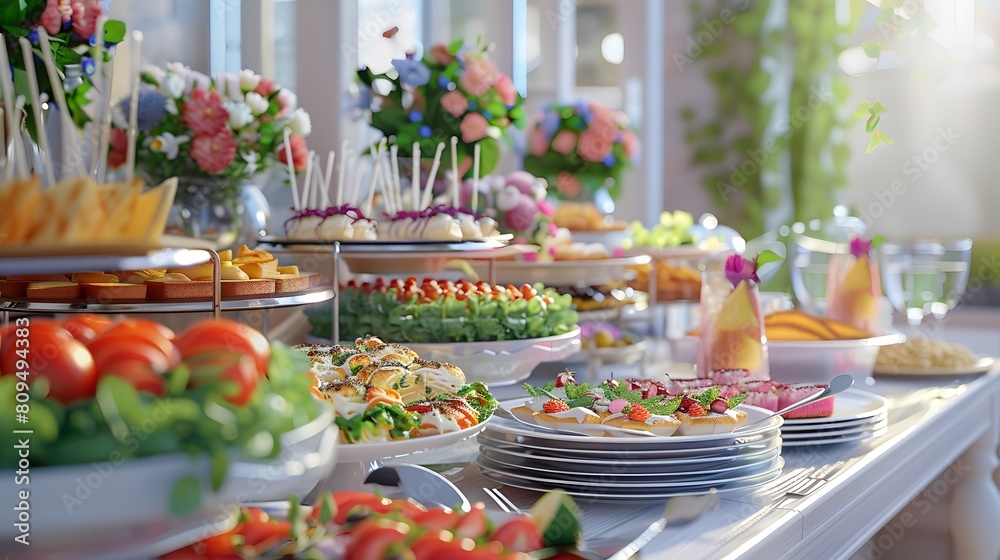 Buffet Table with dishware waiting for guests. catering eat food wedding, digital ai art
