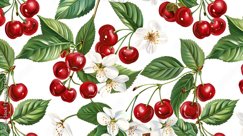 Cherry seamless pattern on white background. Red ripe berries, flowers and green leaves. Vintage botanical digital illustration for printing fabric, wrapping paper, packaging..