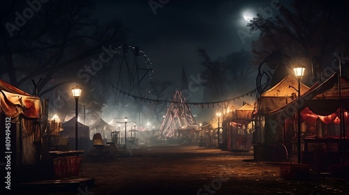 Fog-covered haunted carnival: spectral figures amid dilapidated rides and faded tents.