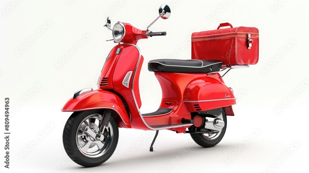 Red scooty with delivery bag isolated on white background, a Vespa delivery bike