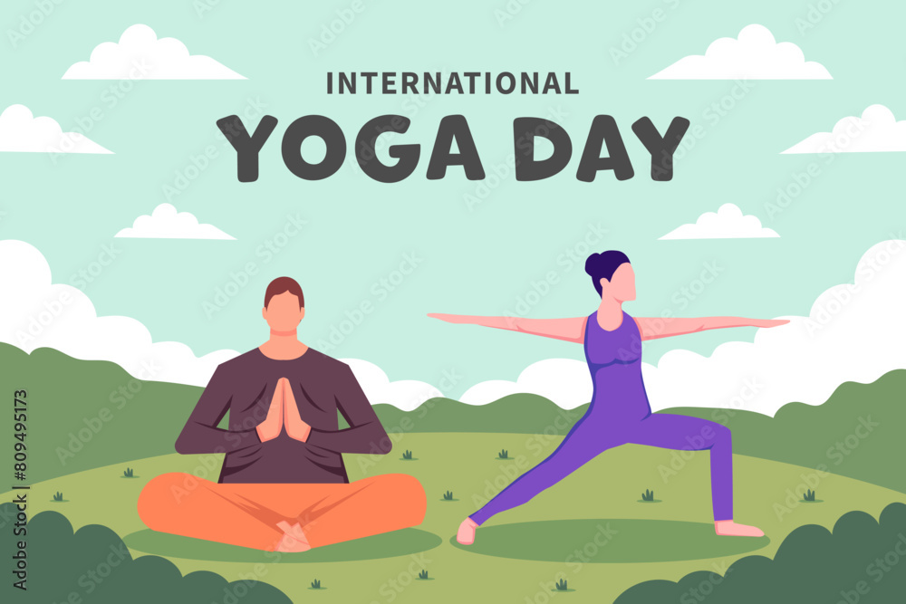 international yoga day background with two people practice yoga