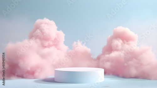 Product display podium, empty white pedestal, pink clouds and blue background
