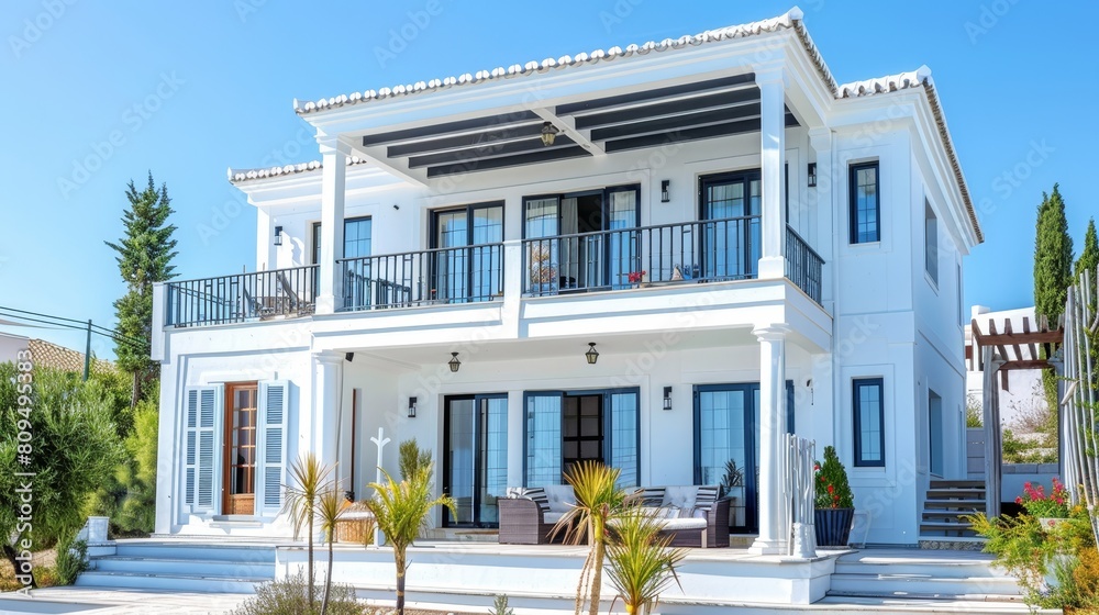 Luxurious white villa in sunlight against azure skies exudes understated elegance