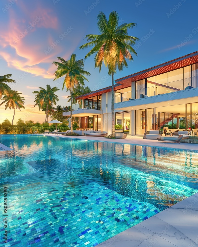 Fototapeta premium Luxurious white villa exudes elegance in sunlight with minimalist architectural design