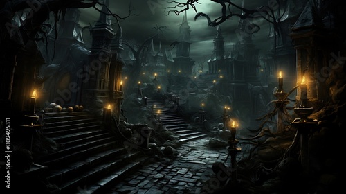 Scene of a Labyrinthine Haunted House, Where Shadows Dance Across Twisted Hallways and Ghostly Whispers Fill the Air