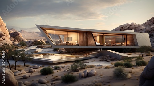 Scene of a Modern Desert Residence with Sleek Architecture and Expansive Views of Sand Dunes