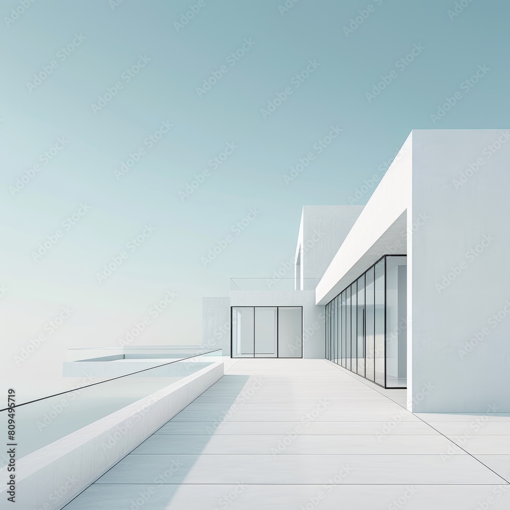 Luxurious white villa close up, bathed in sunlight under azure skies, exuding understated elegance Luxurious white villa close up, bathed in sunlight under azure skies, exuding understated elegance
