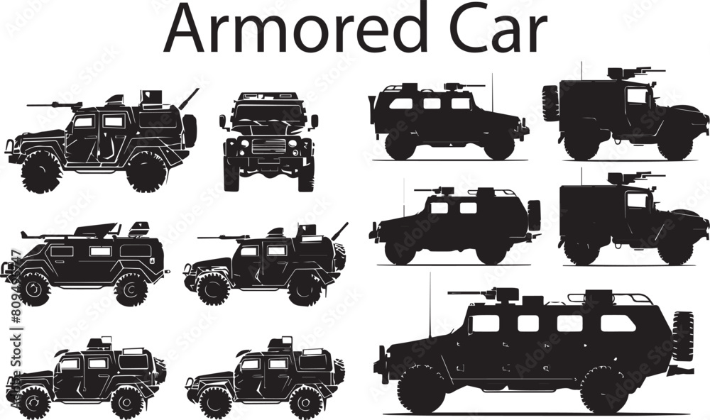 Set of Armored Car Silhouette Vector illustration 