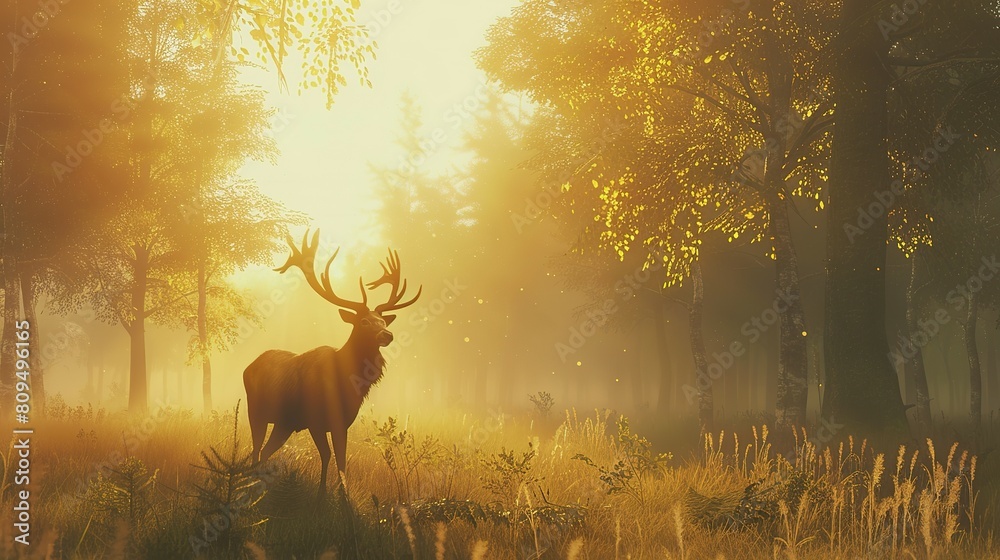 Discover the Serene Majesty of a Misty Forest at Sunrise, Where a Noble Stag Graces the Landscape, His Presence Radiating an Aura of Peace and Wilderness Discover the Serene Majesty of a Misty Forest at Sunrise, Where a Noble Stag Graces the Landscape, His Presence Radiating an Aura of Peace and Wilderness