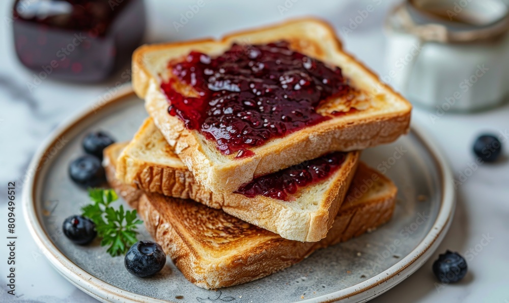 Close-up image showcasing two slices of toasted bread topped with a generous amount of berry jam, garnished with blueberries on a plate Close-up image showcasing two slices of toasted bread topped with a generous amount of berry jam, garnished with blueberries on a plate