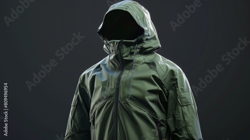 The hood is designed to fit over a helmet, and the jacket has multiple pockets and straps for attaching gear © Parintron