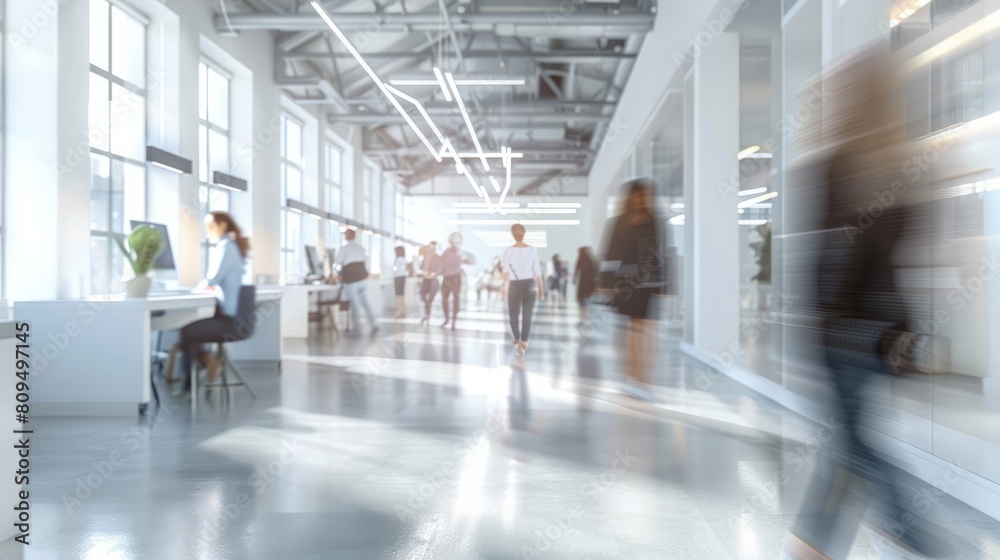 Bright business workplace with people in walking in blurred motion in modern office space hyper realistic Bright business workplace with people in walking in blurred motion in modern office space hyper realistic