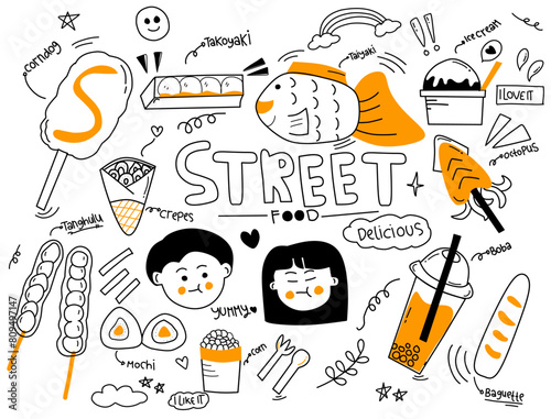 Orange Street food hand drawn doodle icons kawaii cute