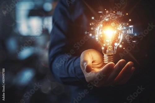 Businessman holding creative light bulb with growth graph and banking icon. Financial innovation technology develops new products and services that enhance success and profit , AI generated